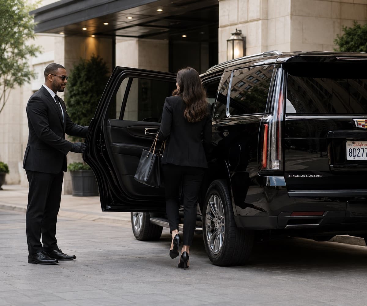 Professional chauffeur beside luxury vehicle